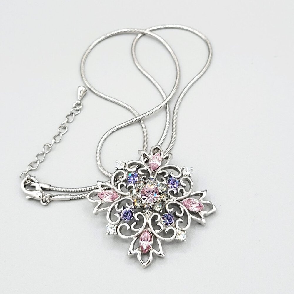 Floral Snowflake Pendant Necklace Silver Tone With Pink & Purple Crystals